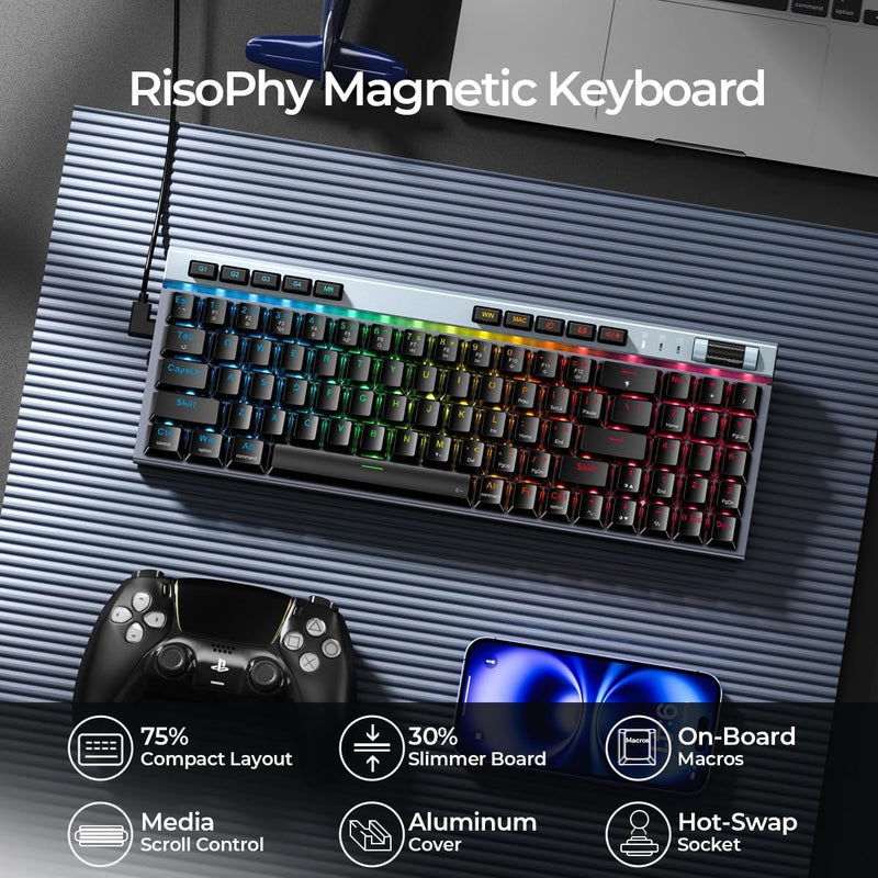 RisoPhy RGB Mechanical GamingKeyboard, 78 Keys Hot-Swap Mechanical Keyboard With Magnetic Red Switches, Ergonomic Keyboard with Aluminum Cover/Media Keys/Software/Dual System WiredKeyboard for PC/Mac Gamer - Image 2